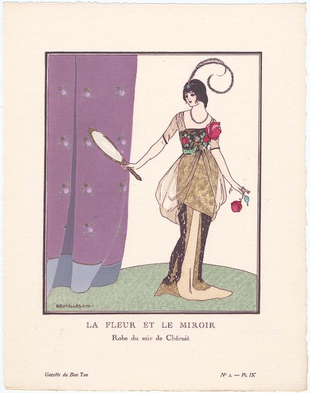 "La Fleur et Le Miroir - Robe du soir de Chéruit," plate IX from Gazette du Bon Ton, Volume 1, No. 2