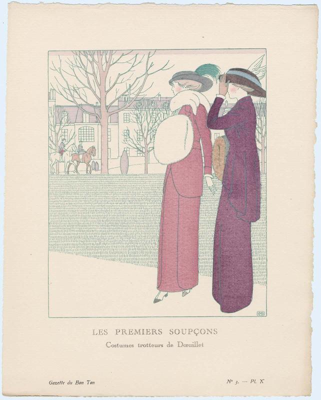"Les Premiers Soupçons - Costumes trotteurs de Dœuillet," plate X from Gazette du Bon Ton, Volume 1, No. 3