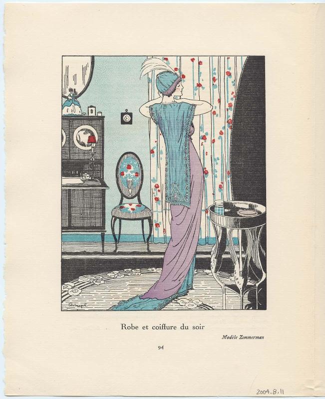 "Robe et coiffure du soir," advertisement from Gazette du Bon Ton, Vol. 1, No. 3, p. 94