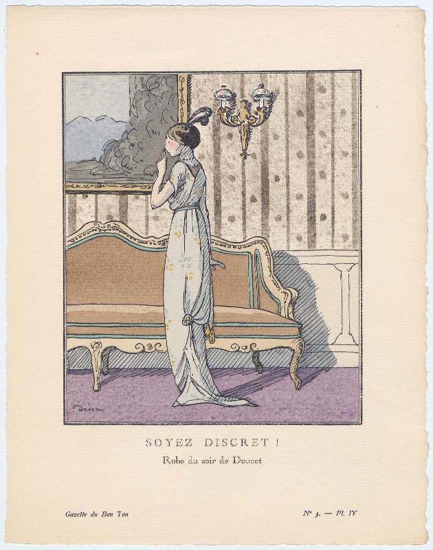 "Soyez Discret! - Robe du soir de Doucet," plate IV from Gazette du Bon Ton, Volume 1, No. 3