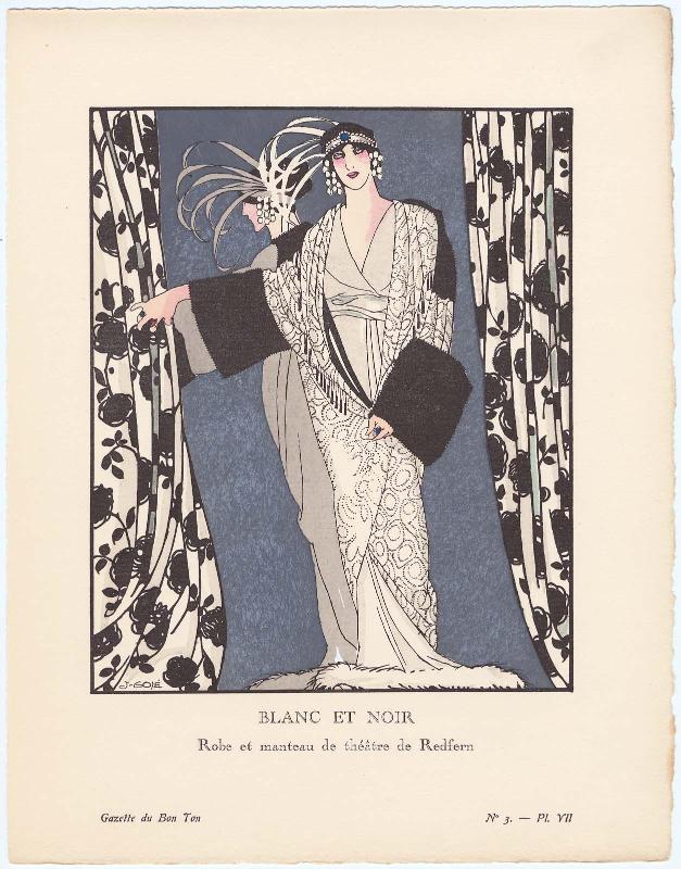 "Blanc et Noir - Robe et manteau de théâtre de Redfern," plate VII from Gazette du Bon Ton, Volume 1, No. 3