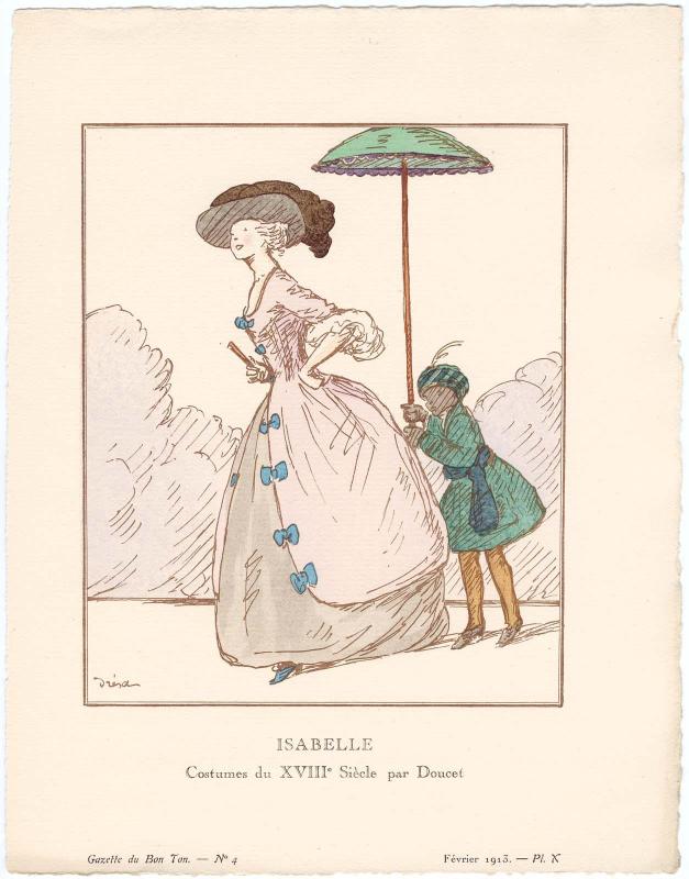 "Isabelle - Costumes du XVIIIe Siècle par Doucet," plate X from Gazette du Bon Ton, Volume 1, No. 4
