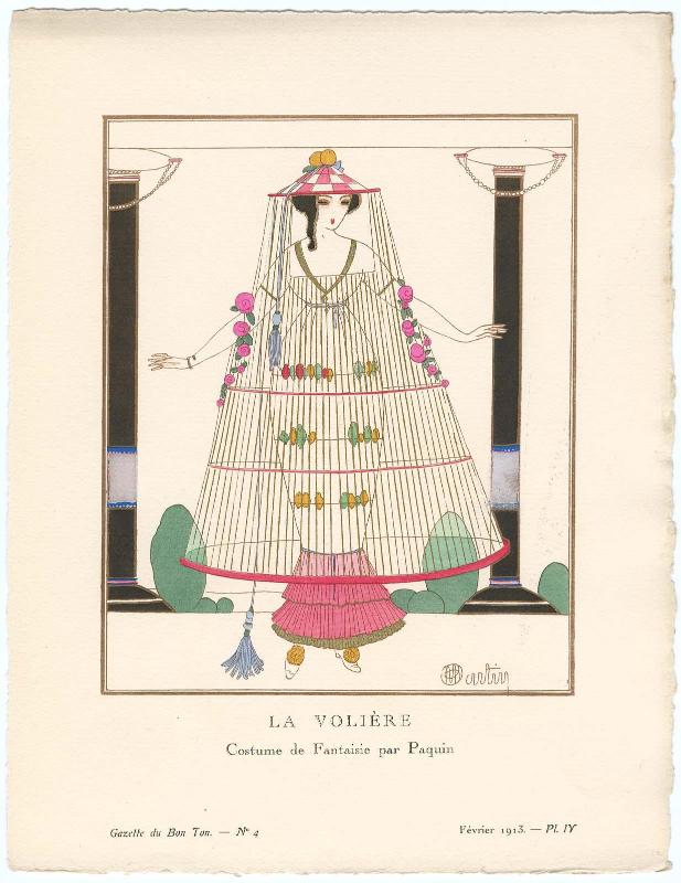 "La Volière - Costume de Fantaisie par Paquin," plate IV from Gazette du Bon Ton, Volume 1, No. 4
