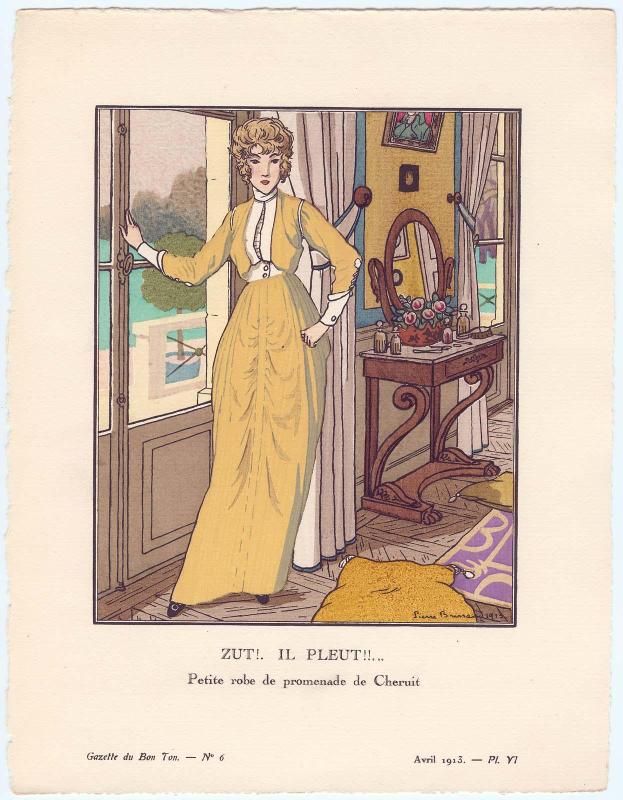 "Zut!. Il Pleut!.. - Petite robe de promenade de Cheruit," plate VI from Gazette du Bon Ton, Volume 1, No. 6