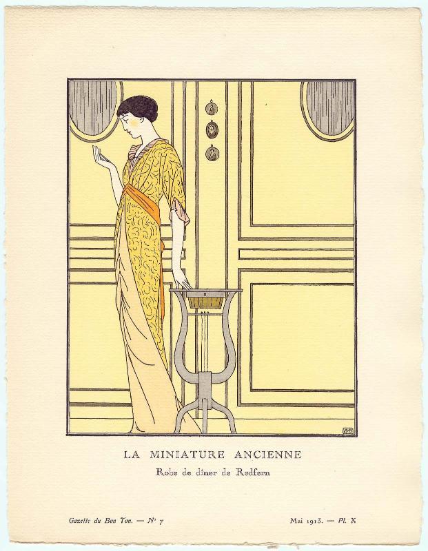 "La Miniature Ancienne - Robe de dîner de Redfern," plate X from Gazette du Bon Ton, Volume 2, No. 7