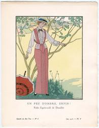 "Un Peu d'Ombre, Enfin! - Robe d'après-midi de Dœuillet," plate V from Gazette du Bon Ton, Volume 2, No. 8