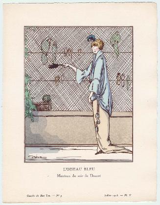 "L'Oiseau Bleu - Manteau du soir de Doucet," plate V from Gazette du Bon Ton, Volume 2, No. 9