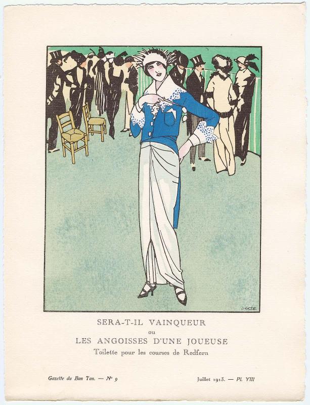 "Sera-t-il Vainqueur ou Les Angoisses d'Une Joueuse - Toilette pour les courses de Redfern," plate VIII from Gazette du Bon Ton, Volume 2, No. 9