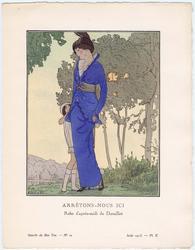 "Arrêtons-Nous Ici - Robe d'après-midi de Dœuillet," plate X from Gazette du Bon Ton, Volume 2, No. 10