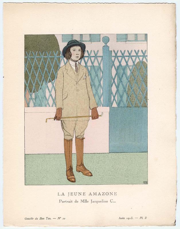 "La Jeune Amazone - Portrait de Mlle. Jacqueline C...," plate II from Gazette du Bon Ton, Volume 2, No. 10