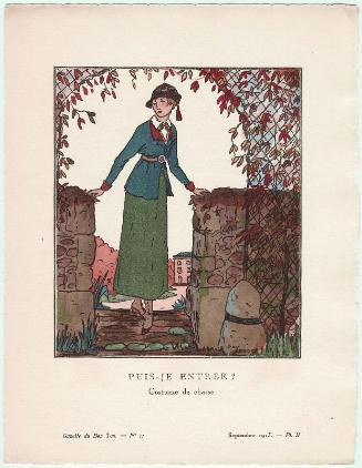 "Puis-Je Entrer? - Costume de chasse," plate II from Gazette du Bon Ton, Volume 2, No. 11