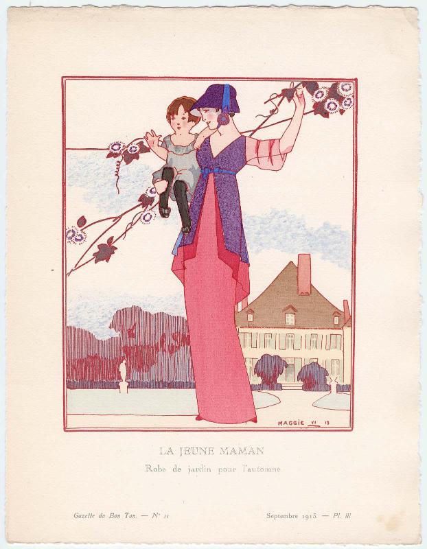 "La Jeune Maman - Robe de jardin pour l'automne," plate III from Gazette du Bon Ton, Volume 2, No. 11