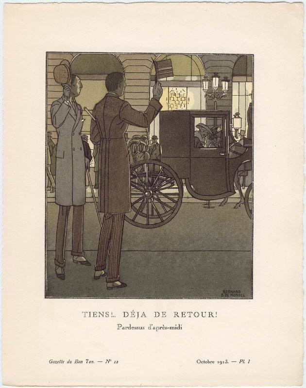 "Tiens!... Déja de Retour! - Pardessus d'après-midi," plate I from Gazette du Bon Ton, Volume 2, No. 12
