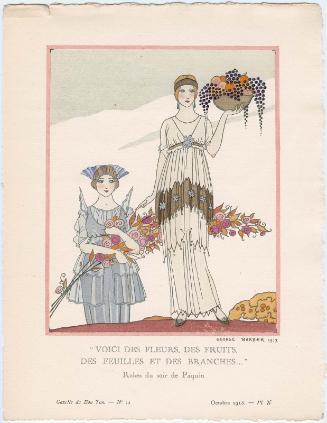 "'Voici des fleurs, des fruits, des feuilles et des branches...' - Robes du soir de Paquin," plate X from Gazette du Bon Ton, Volume 2, No. 12