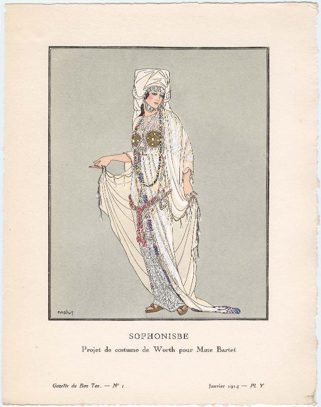 "Sophonisbe - Projet de costume de Worth pour Mme Bartet," plate V from Gazette du Bon Ton, Volume 1, No. 1