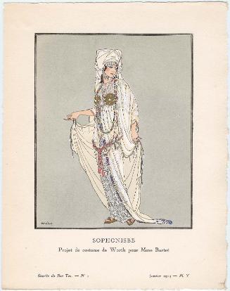 "Sophonisbe - Projet de costume de Worth pour Mme Bartet," plate V from Gazette du Bon Ton, Volume 1, No. 1