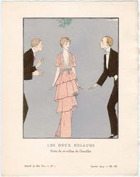 "Les Deux Nigauds - Robe de réveillon de Dœuillet," plate VII from Gazette du Bon Ton, Volume 1, No. 1