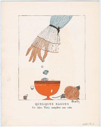 "Quelques Bagues - un bijou Técla complète une robe," advertisement from Gazette du Bon Ton, Volume 1, No. 2, p. IV