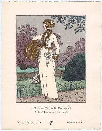 "En Tenue de Parade - Robe d'hiver pour la promenade," plate 13 from Gazette du Bon Ton, Volume 1, No. 2