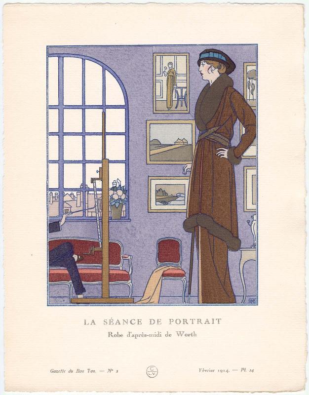 "La Séance de Portrait - Robe d'après-midi de Worth," plate 14 from Gazette du Bon Ton, Volume 1, No. 2