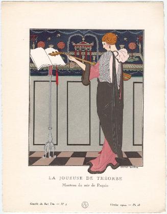 "La Joueuse de Théorbe - Manteau du soir de Paquin," plate 18 from Gazette du Bon Ton, Volume 1, No. 2