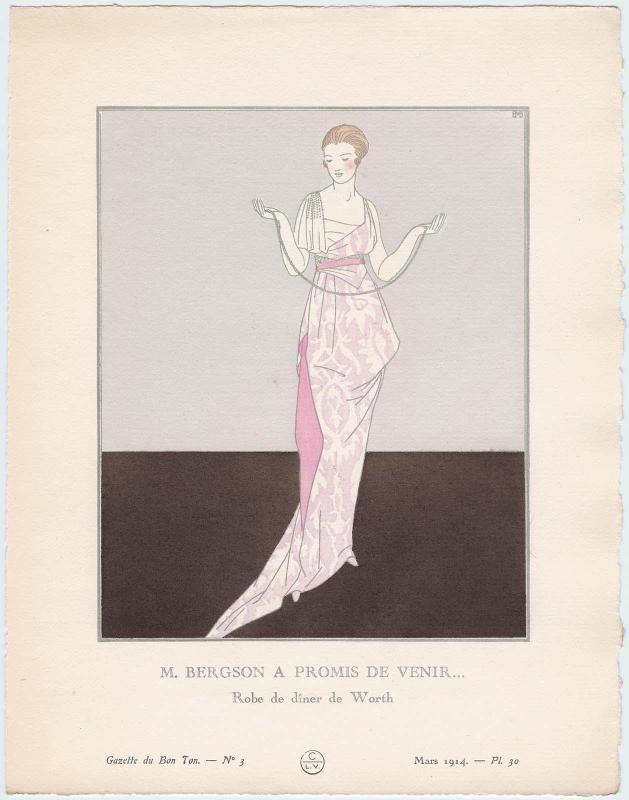 "M. Bergson a Promis de Venir - Robe de dîner de Worth," plate 30 from Gazette du Bon Ton, Volume 1, No. 3