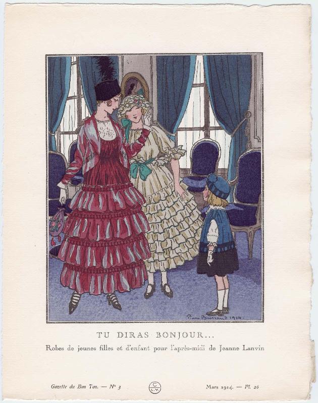 "Tu Diras Bonjour... - Robes de jeunes filles et d'enfant pour l'après-midi de Jeanne Lanvin," plate 26 from Gazette du Bon Ton, Volume 1, No. 3
