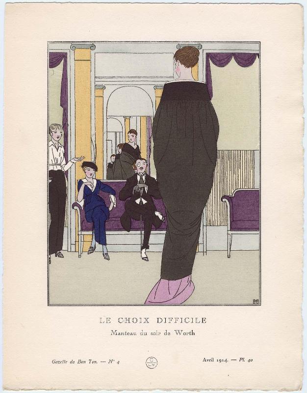 "Le Choix Difficile - Manteau du soir de Worth," plate 40 from Gazette du Bon Ton, Volume 1, No. 4