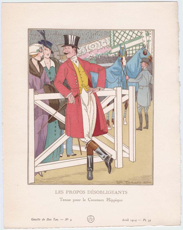"Les Propos Désobligeants - Tenue pour le Concours Hippique," plate 33 from Gazette du Bon Ton, Volume 1, No. 4