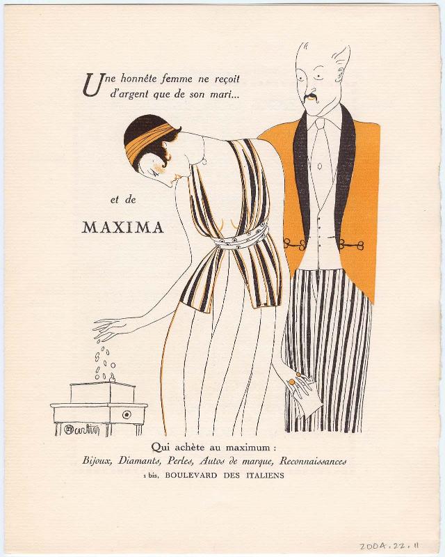 "Une honnête femme ne reçoit d'argent que de son mari... et de Maxima," advertisement from Gazette du Bon Ton, Volume 1, No. 5, p. III