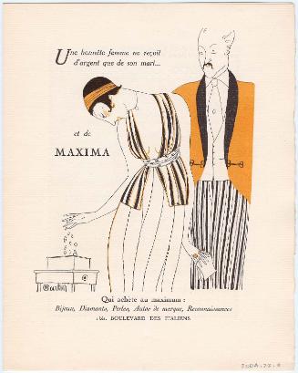 "Une honnête femme ne reçoit d'argent que de son mari... et de Maxima," advertisement from Gazette du Bon Ton, Volume 1, No. 5, p. III