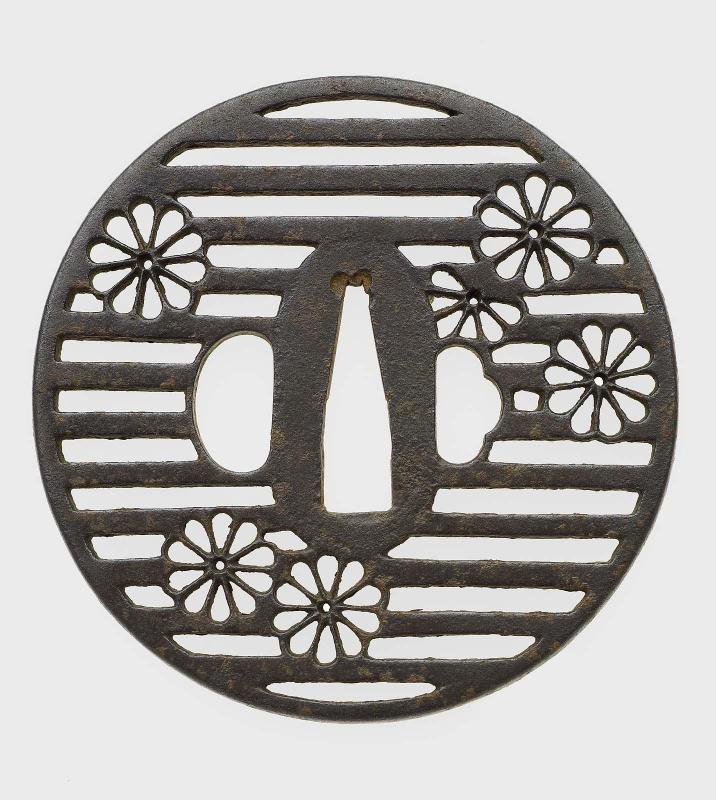 Tsuba with design of stylized chrysanthemums and waves