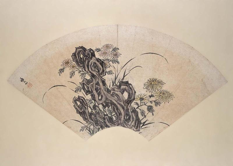 Album Leaf, Fan Painting: Chrysanthamums and Grotesque Rock