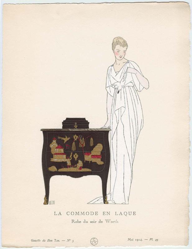 "La Commode en Laque - Robe du soir de Worth," plate 49 from Gazette du Bon Ton, Volume 1, No. 5