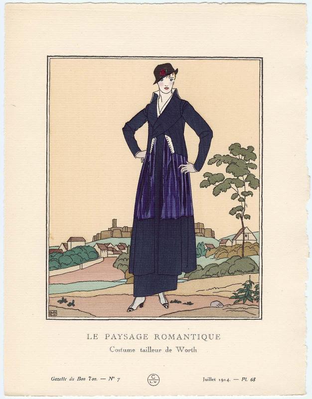 "Le Paysage Romantique - Costume tailleur de Worth," plate 68 from Gazette du Bon Ton, Volume 2, No. 7