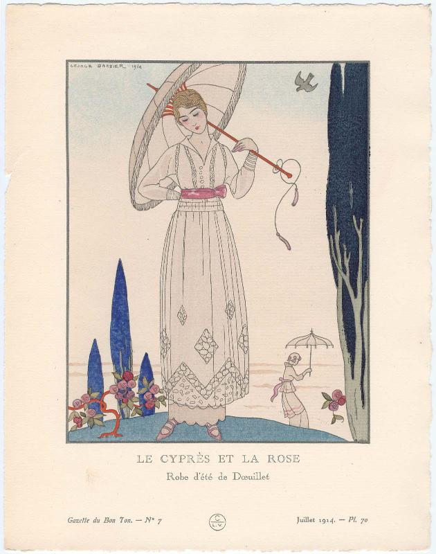 "Le Cyprès et La Rose - Robe d'été de Dœuillet," plate 70 from Gazette du Bon Ton, Volume 2, No. 7