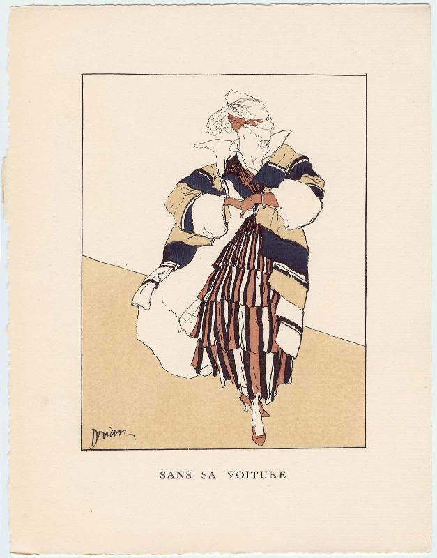 "Sans sa Voiture," illustration from Gazette du Bon Ton, Volume 2, No. 8–9, p. 19