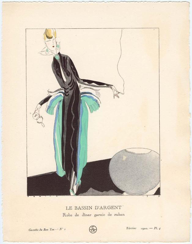 "Le Bassin d'Argent - Robe de dîner garnie de ruban," plate 4 from Gazette du Bon Ton, Volume 1, No. 1