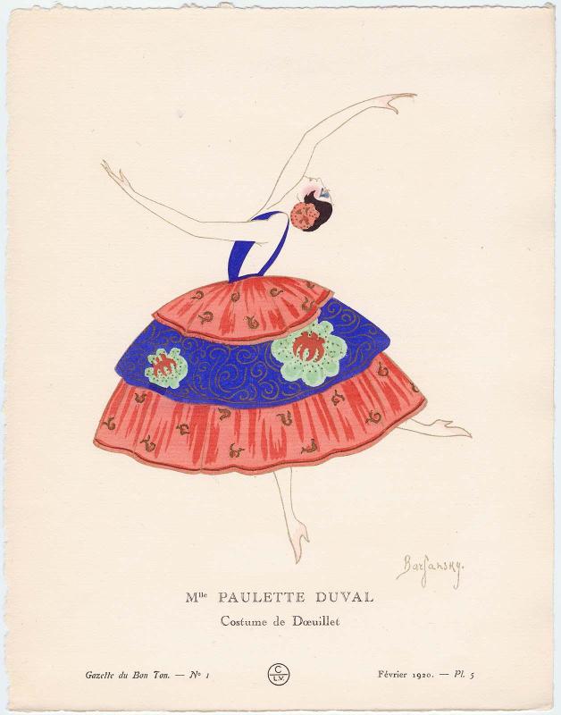 "Mlle. Paulette Duval - Costume de Dœuillet," plate 5 from Gazette du Bon Ton, Volume 1, No. 1