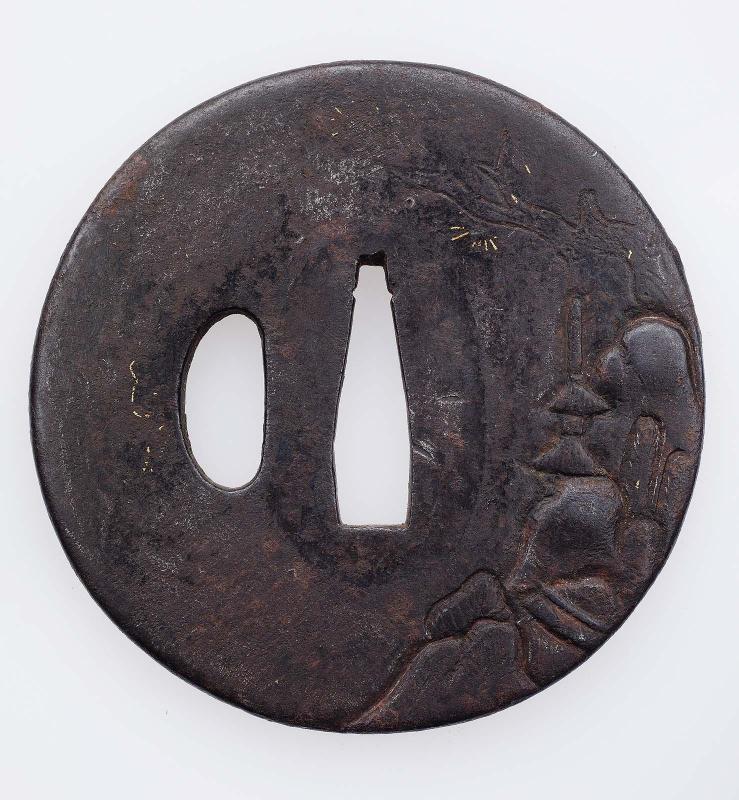 Tsuba with design of pagoda, crag and tree
