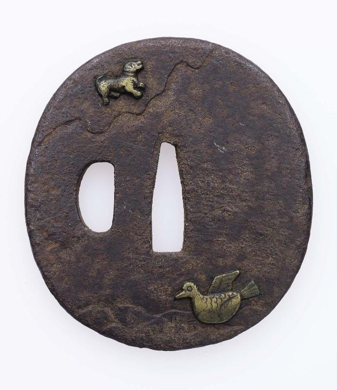 Tsuba with design of dog and duck