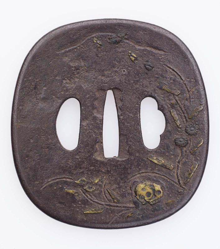 Tsuba with design of human skull and flowers