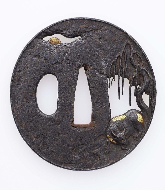 Tsuba with design of water-buffalo under a willow tree