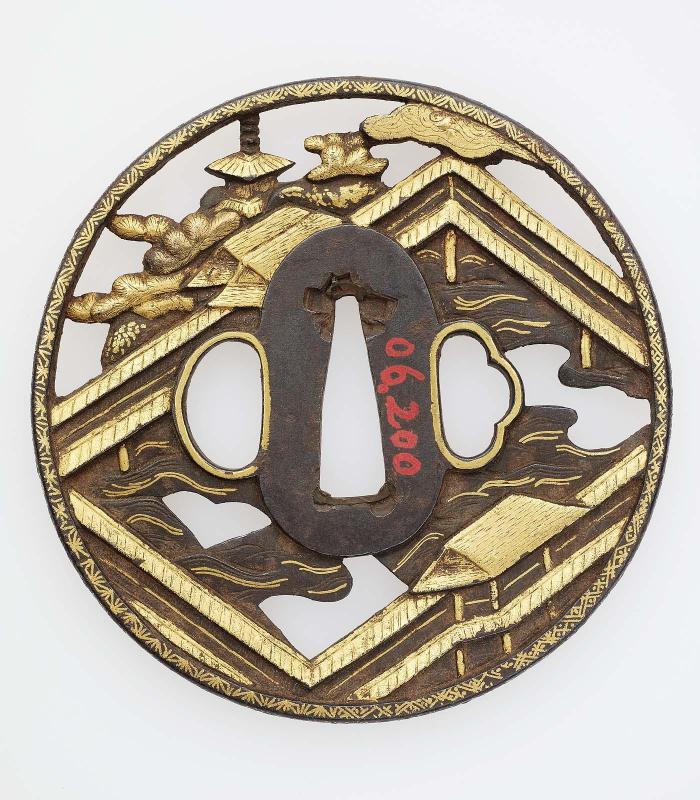 Tsuba with design of waterside palace