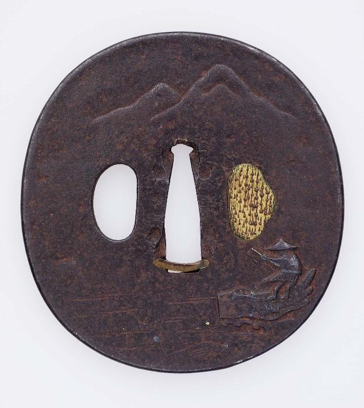 Tsuba with design of boatman in a landscape