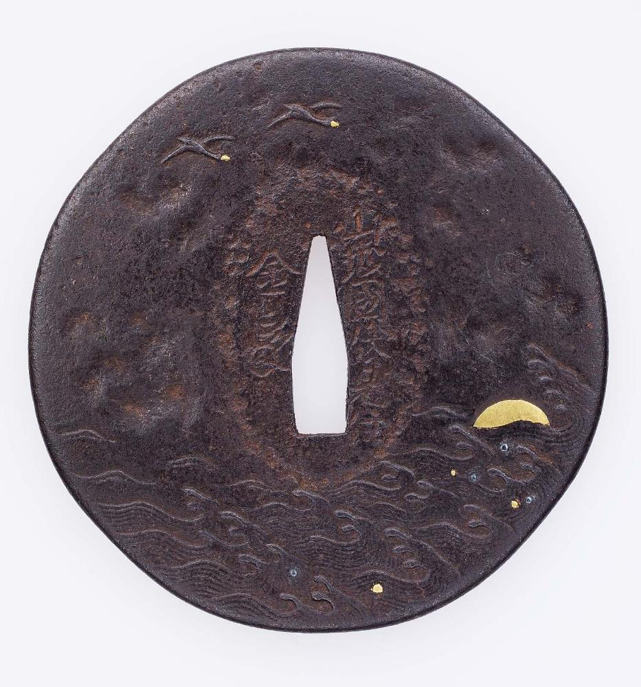 Tsuba with design of geese, waves and setting sun