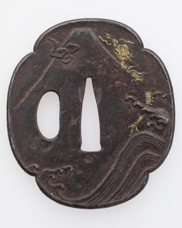 Tsuba with design of Fuji, dragon and waves