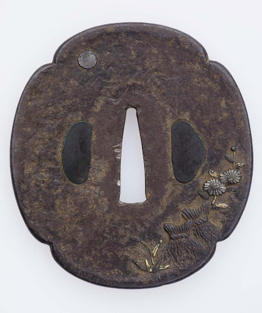 Tsuba with design of rice stooks and chrysanthemums