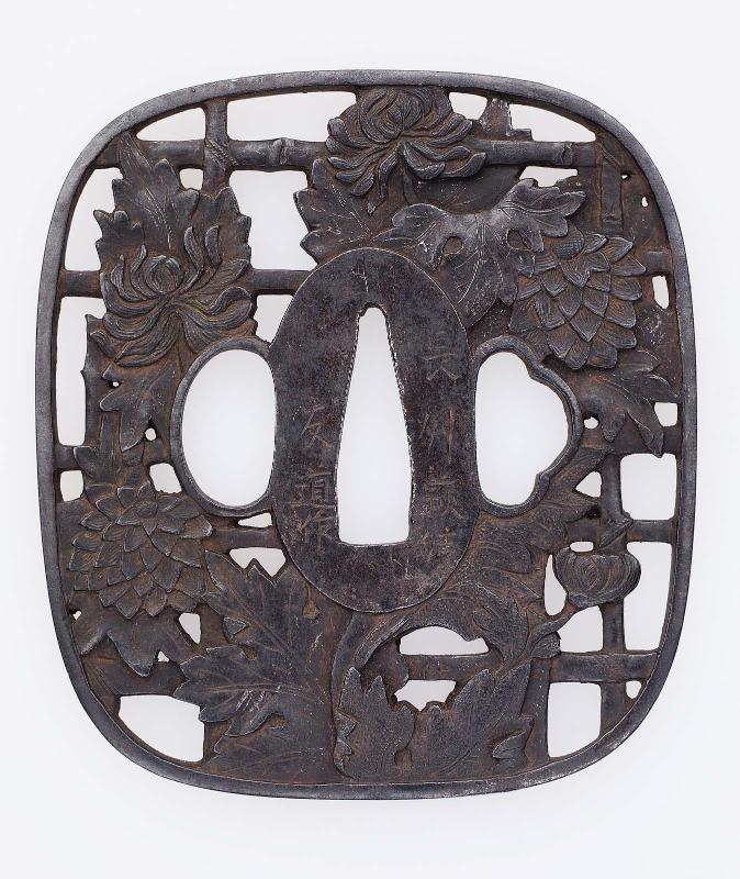 Tsuba with design of chrysanthemums on a trellis
