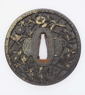 Tsuba with design of chrysanthemums and trellis